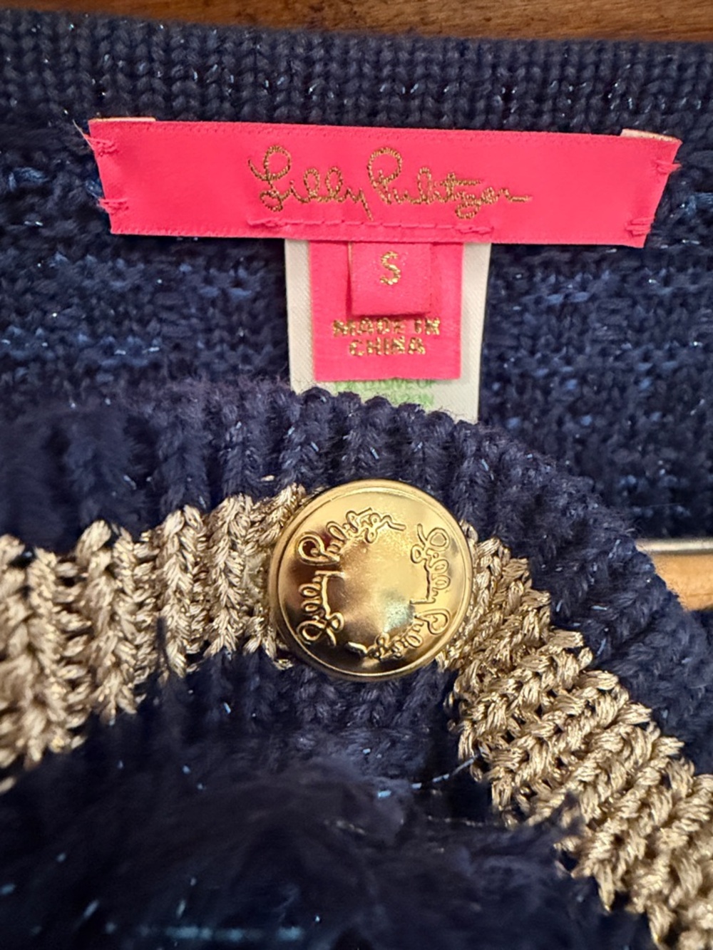 Lilly Pulitzer Navy Knit Sweater Dress with Gold Trim and Logo Button